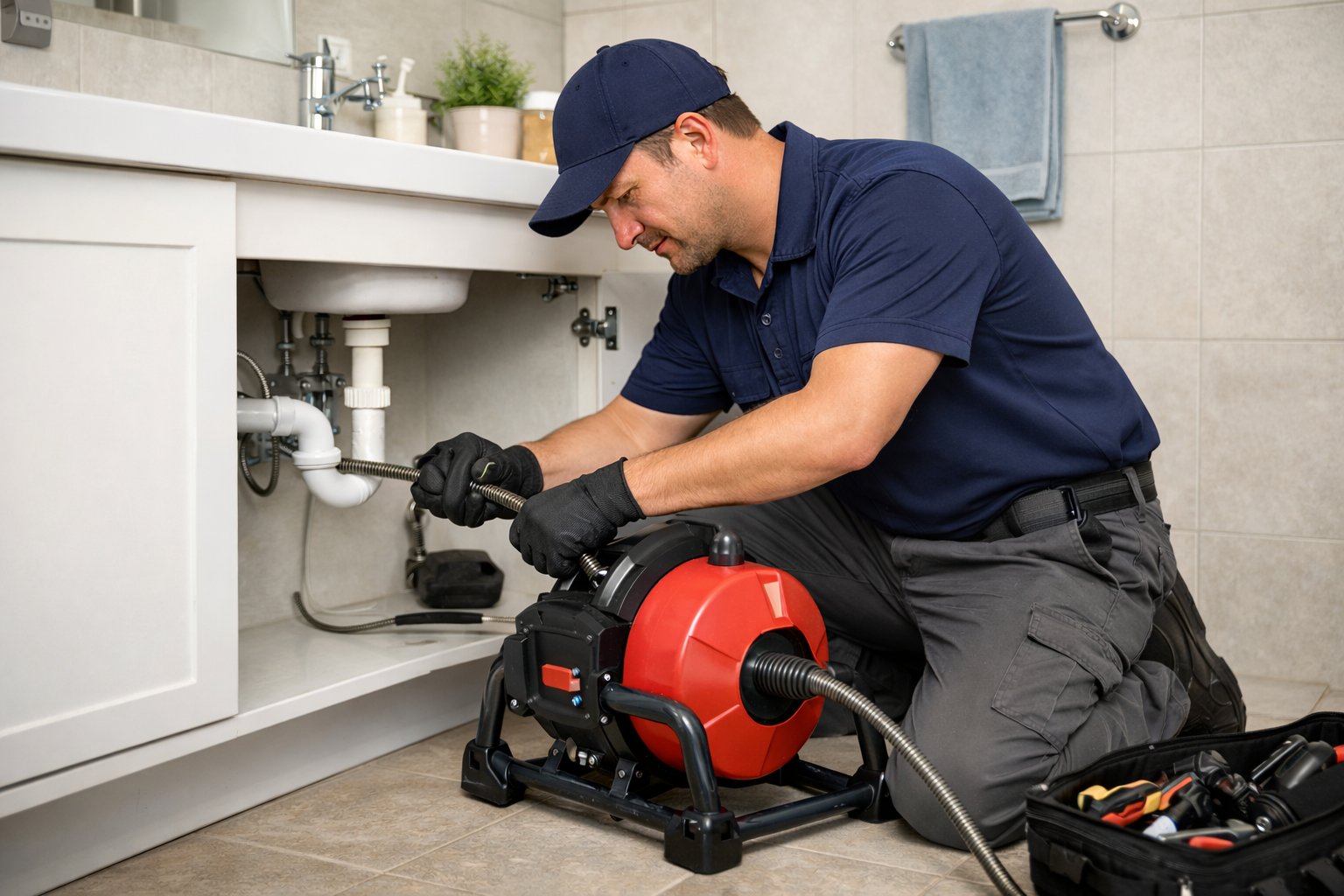 Technician using professional drain cleaning equipment in residential bathroom