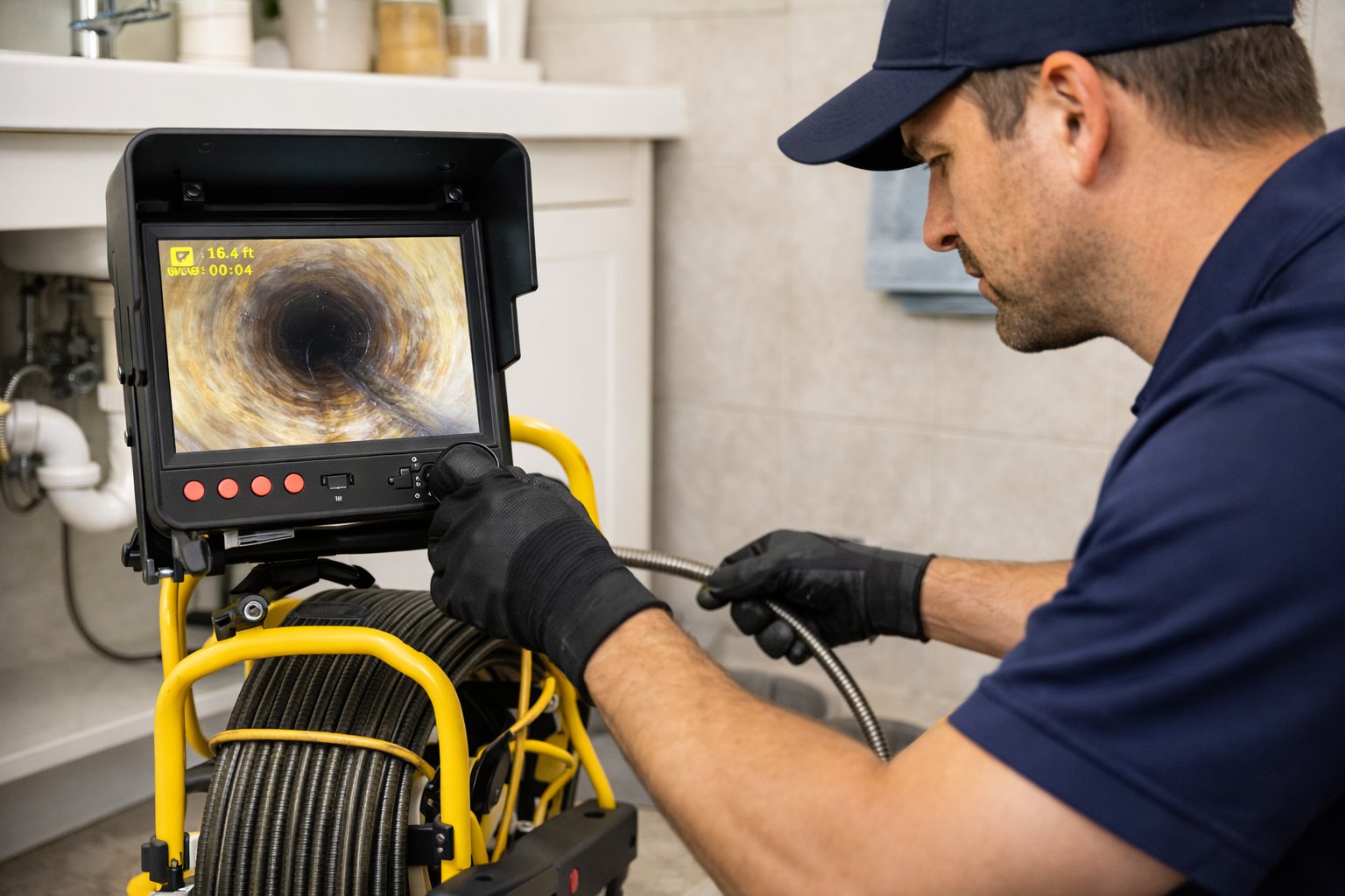 Sewer camera inspection showing pipe interior on HD monitor