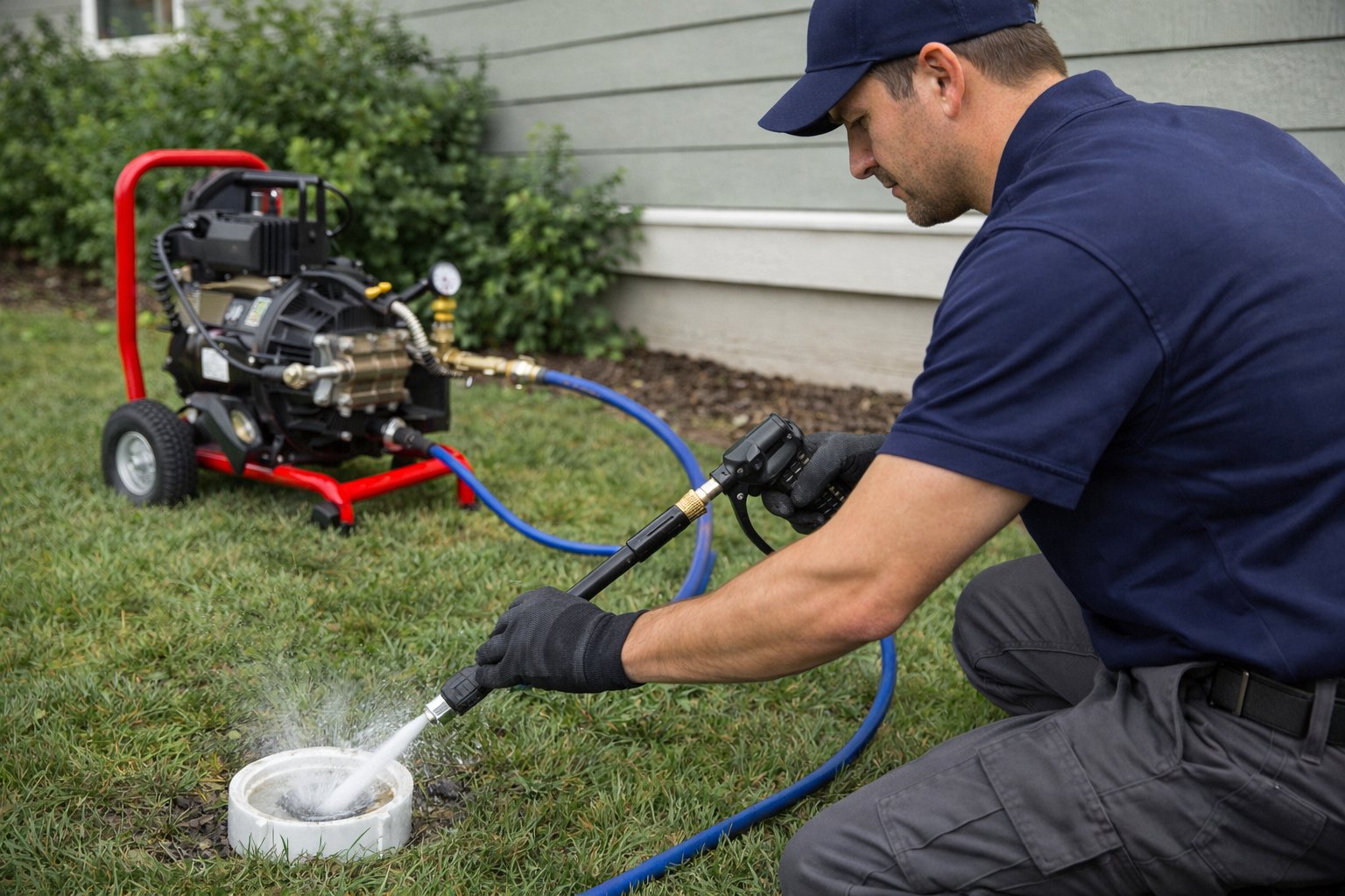 Technician operating hydro-jetting machine with high-pressure hose at sewer cleanout